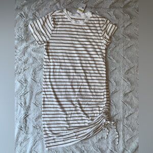 Striped White and Tan Side-Ruched T-Shirt Dress